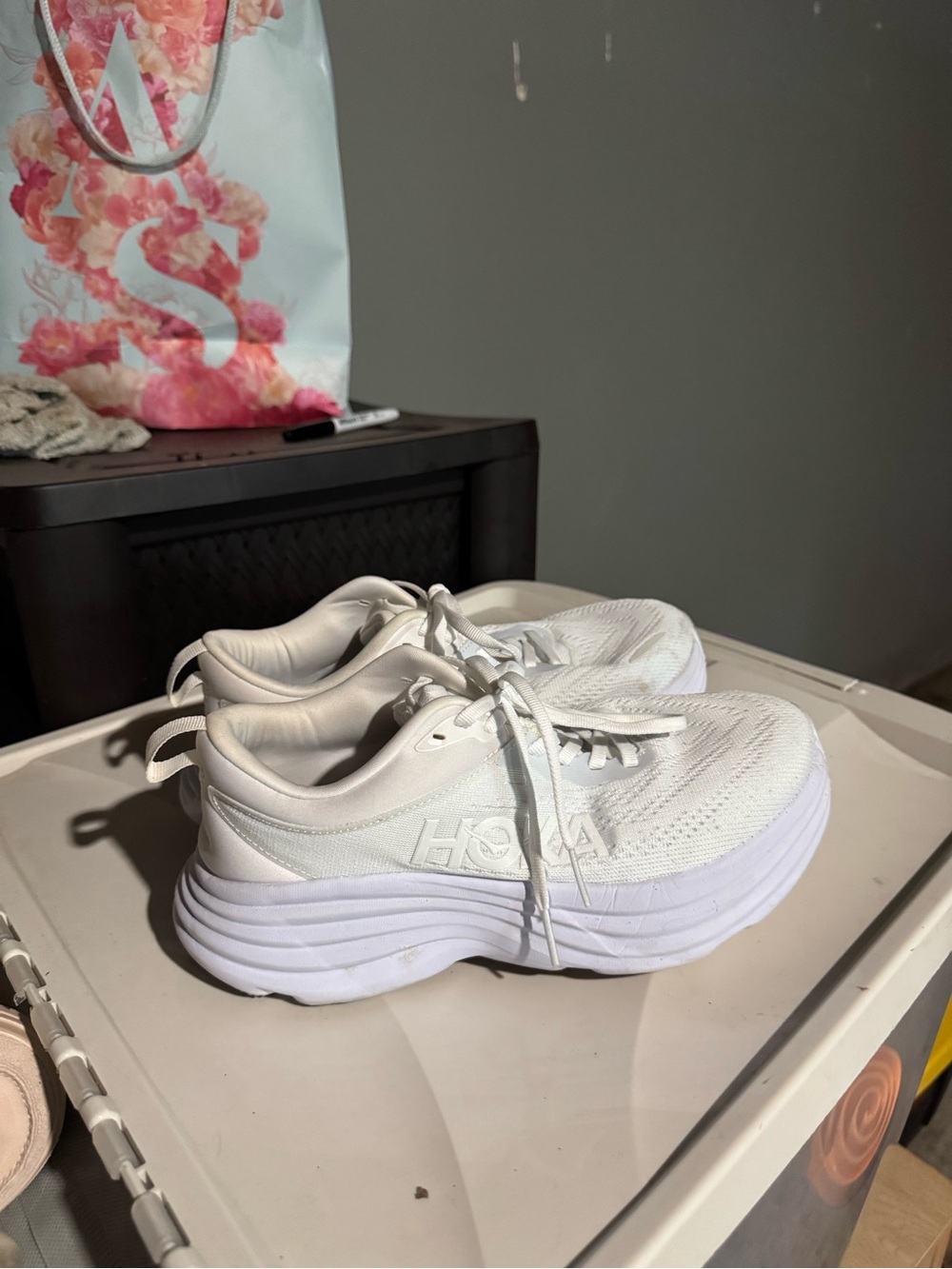 Hoka One One White Women's Cushioned Platform Running Shoes